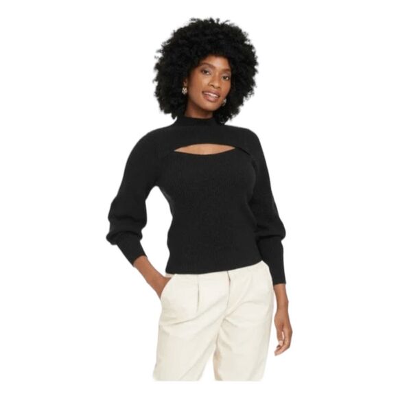A New Day Mock Neck Cutout Sweater Black Ribbed Knit Long Sleeves XL - Picture 1 of 13